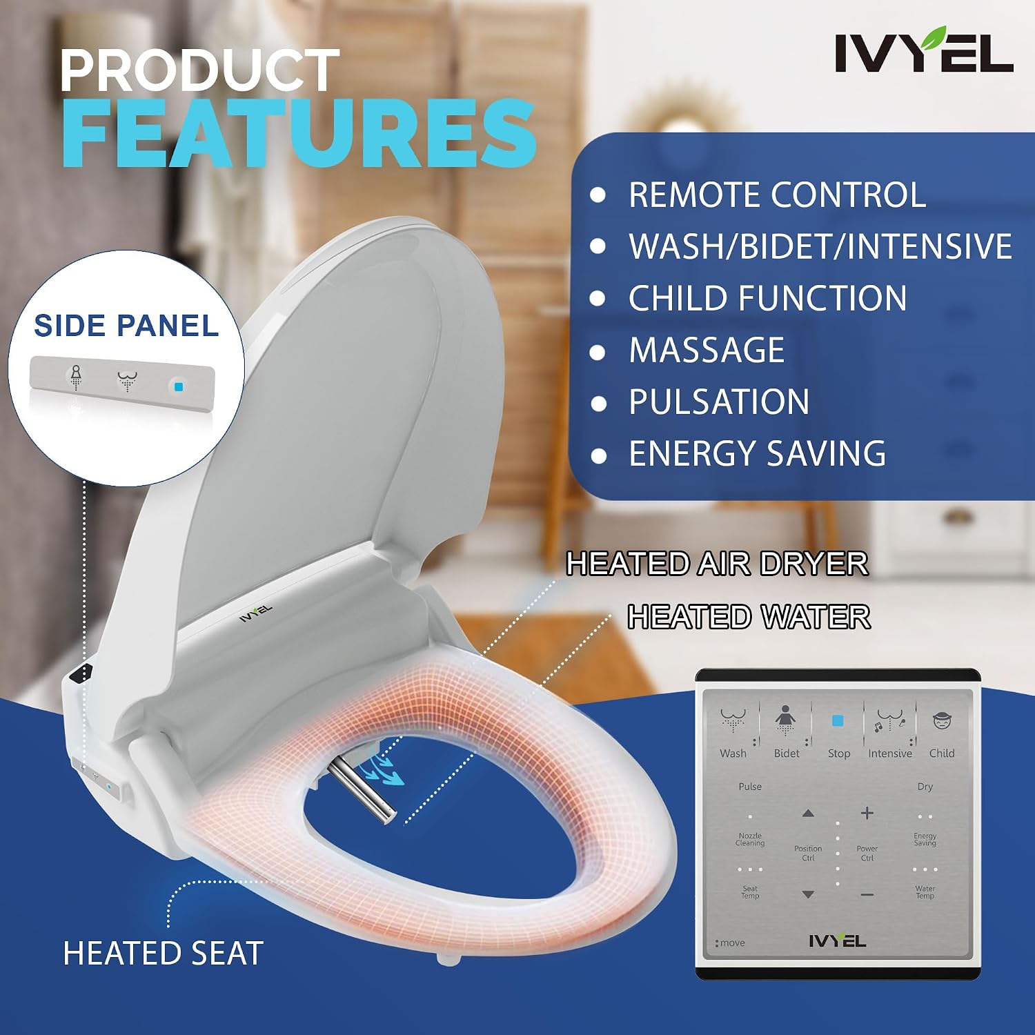 J-2R Smart Electric Bidet for Toilet Seat,For Elongated toilet,Warm water,Heated bidet toilet seat,Remote Control,Heated Dryer,Child Function,Stainless Steel Self-Cleaning Nozzle,LED Night Light