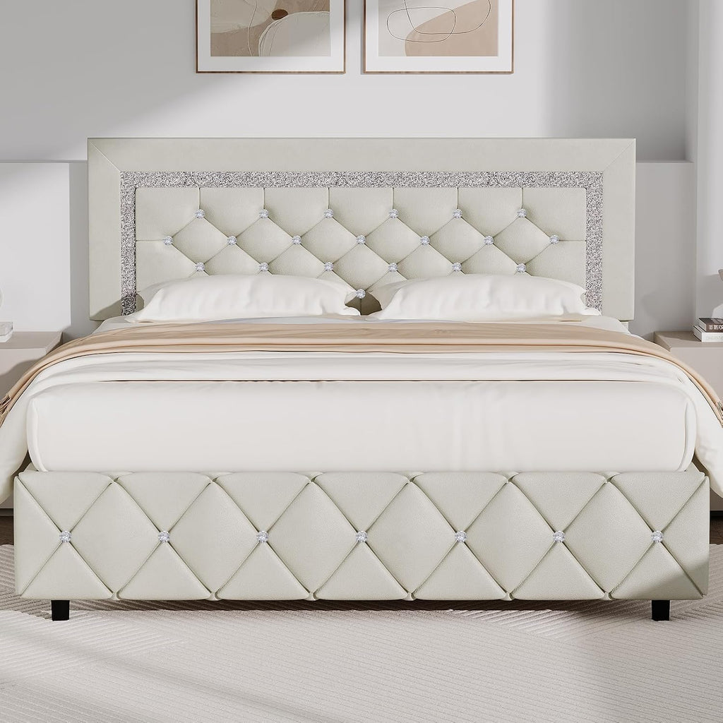 BarnFurin Full Bed Frame with Diamond Tufted Headboard, Faux Leather Upholstered Bed with Wooden Slats Support, No Box Spring Needed, Mattress Foundation, Easy Assembly, Cream