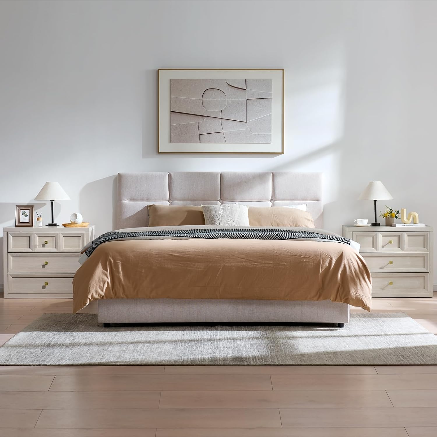 3 Drawers Nightstand Set of 2 W/Charging Station, 30.7' W King Size Bedside Table with 3 Drawers, Accent End Table W/Large Storage, Modern Wood Side Table for Bedroom,Office (2 Pieces, Beige)