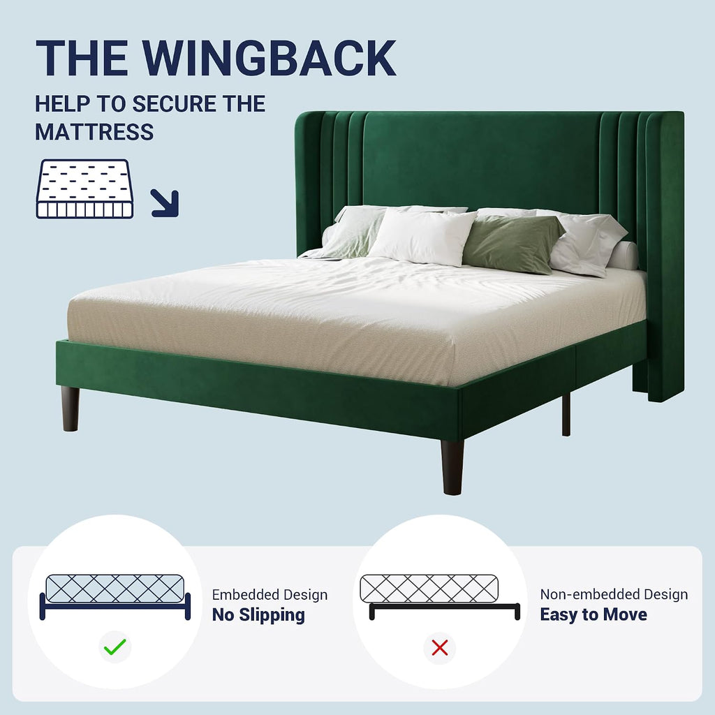 Allewie Full Size Velvet Platform Bed Frame with Vertical Tufted Wingback Headboard, Easy Assembly, Under Bed Storage, No Box Spring Required, Modern Style, Green