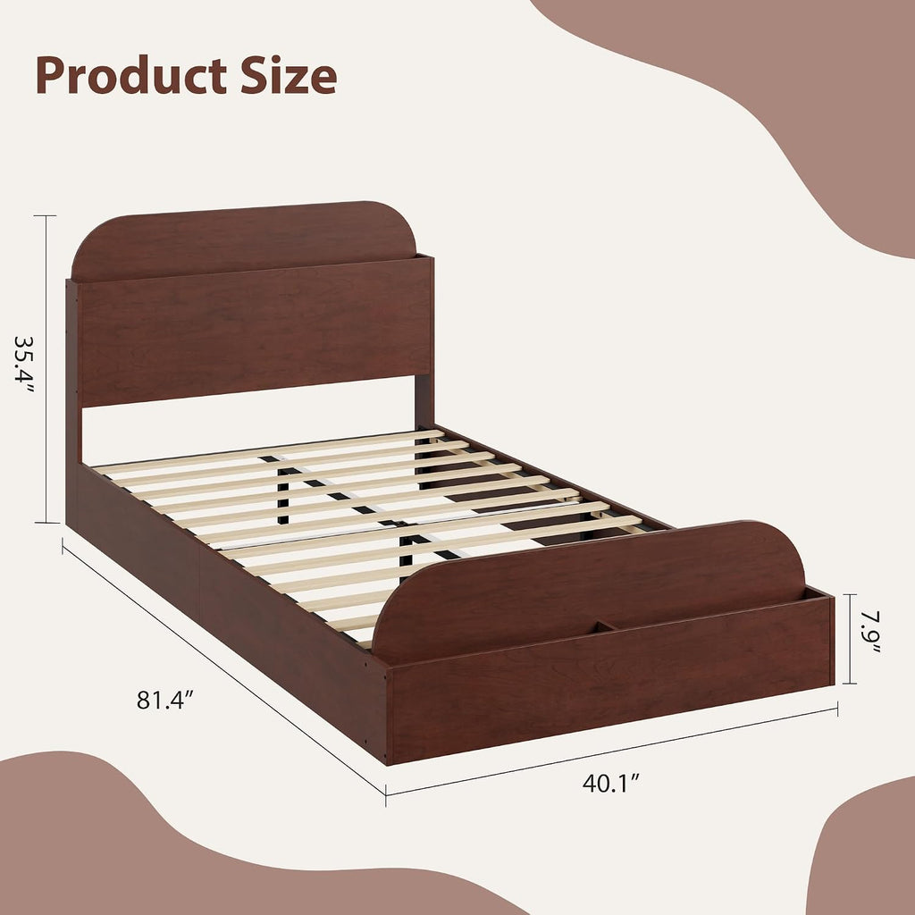 GarveeHome Twin Size Bed Frame, Wooden Beds with Storage Headboard and Raised-Foodboard for Kid, Twin-Floor Low Platform Bed for Bedroom, Sturdy Wooden Slats Support, No Box Spring Needed, Espresso