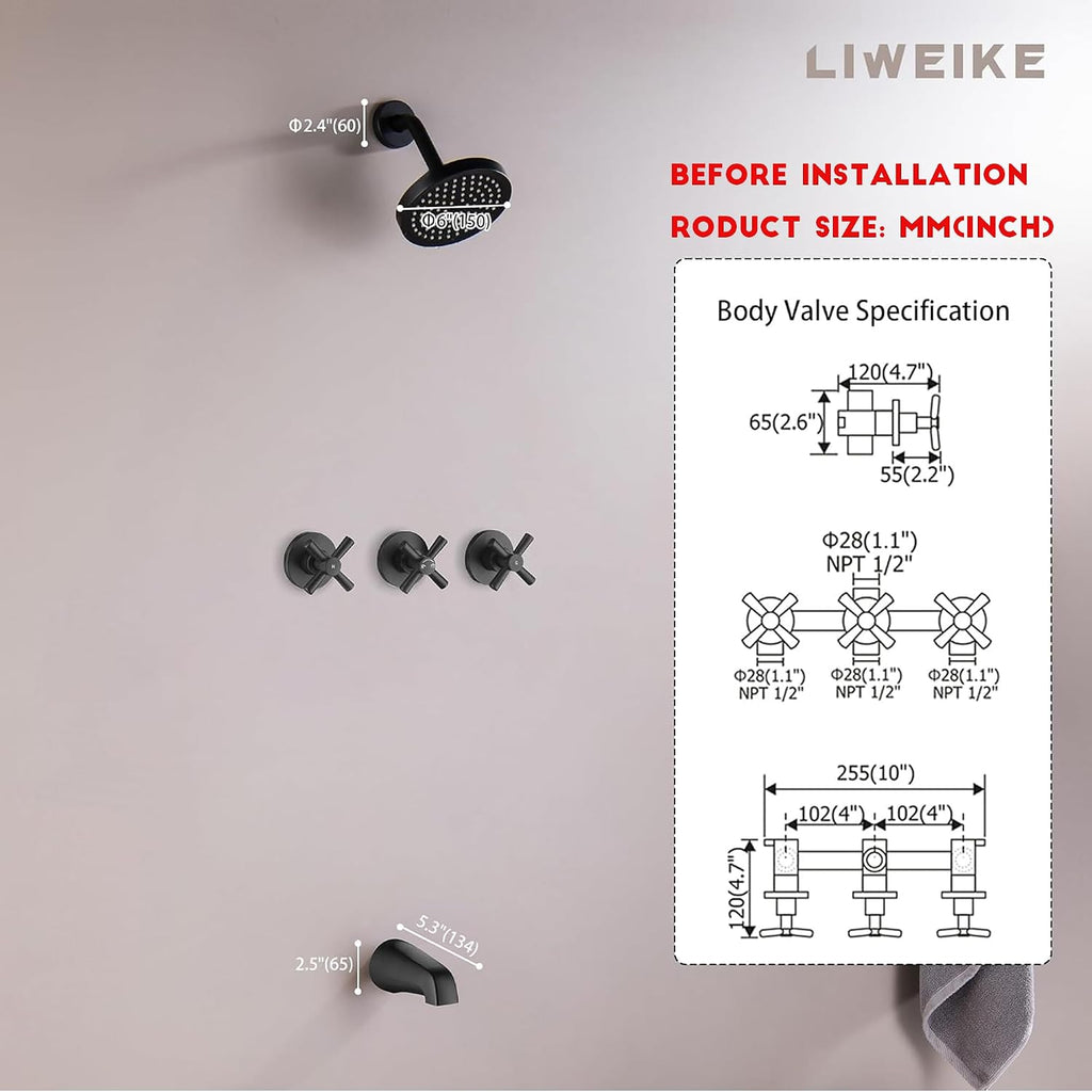 LIWEIKE 3 Handle Tub Shower Faucet, Matte Black Three Handles Shower Faucet Set with Tub and Shower Faucet Combo Rough-in Valve