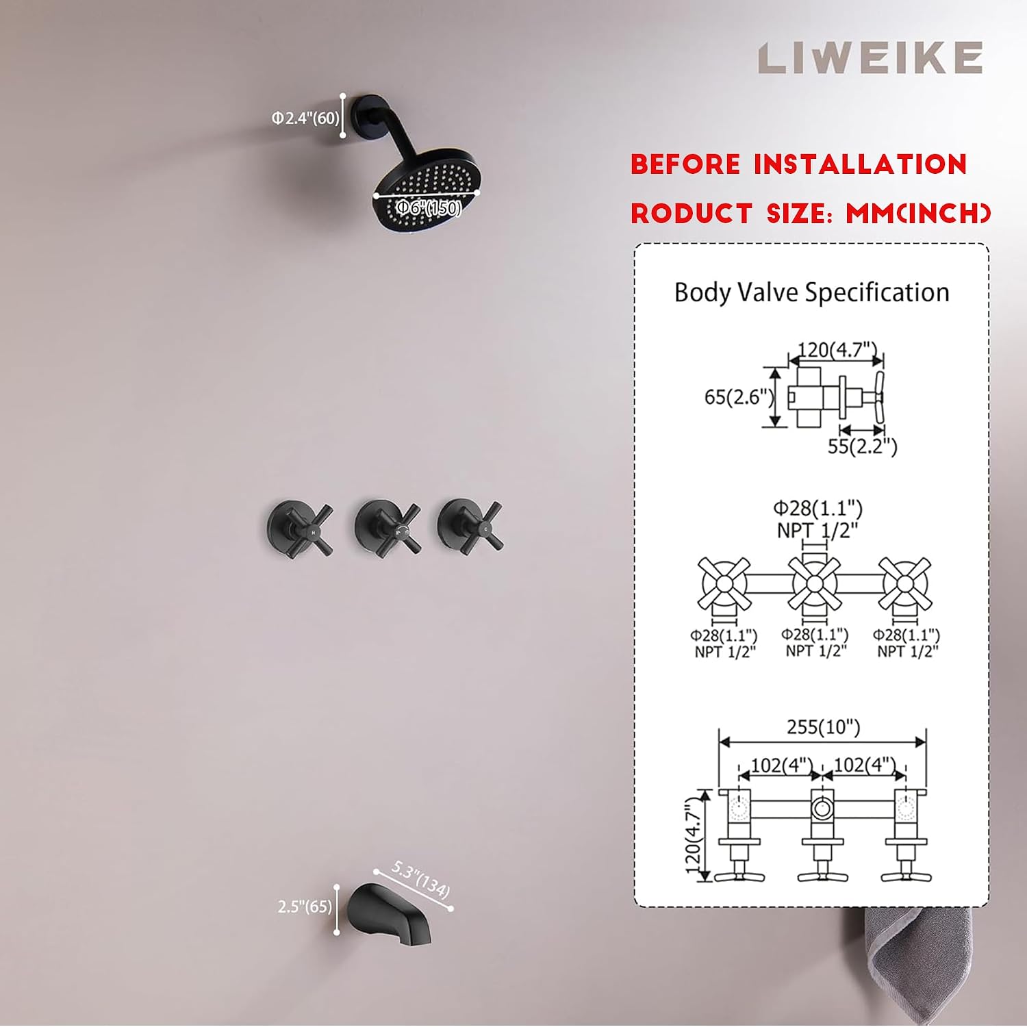 LIWEIKE 3 Handle Tub Shower Faucet, Matte Black Three Handles Shower Faucet Set with Tub and Shower Faucet Combo Rough-in Valve