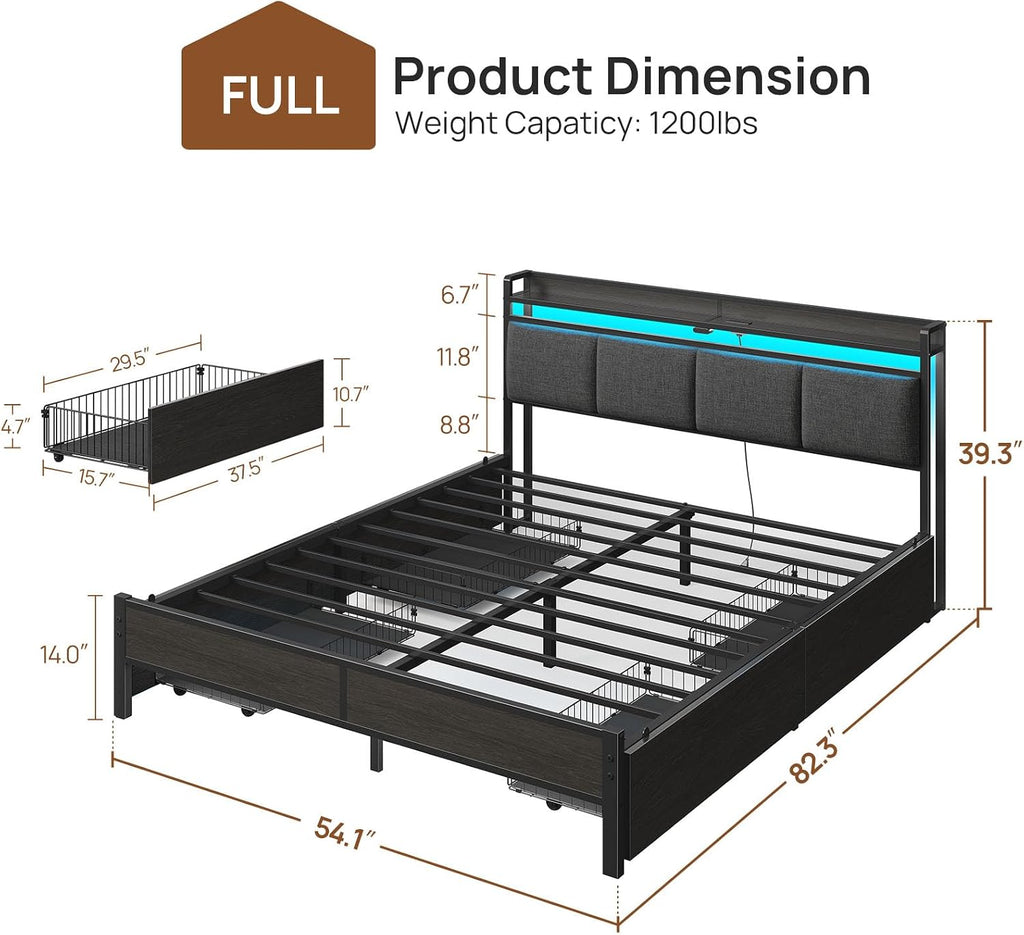 Rolanstar Bed Frame Full Size with Charging Station and LED Lights, Upholstered Storage Headboard with Drawers, Heavy Duty Metal Slats, No Box Spring Needed, Noise Free, Easy Assembly, Dark Grey