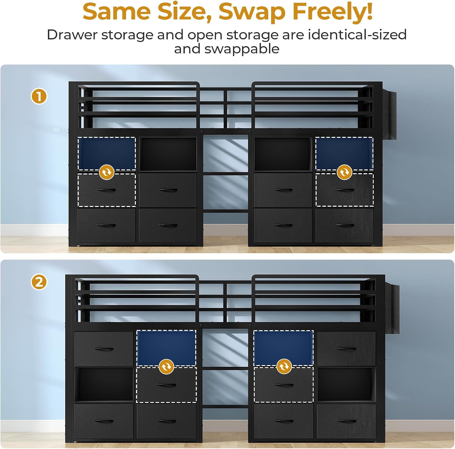 ADORNEVE Low Loft Bed Twin Size with 8 Storage Drawers, Twin Loft Bed with Bookcase and LED Lights, Metal Kids Loft Bed with 14' H Safety Guardrail, Under-Bed Play Space, No Box Spring Needed, Black