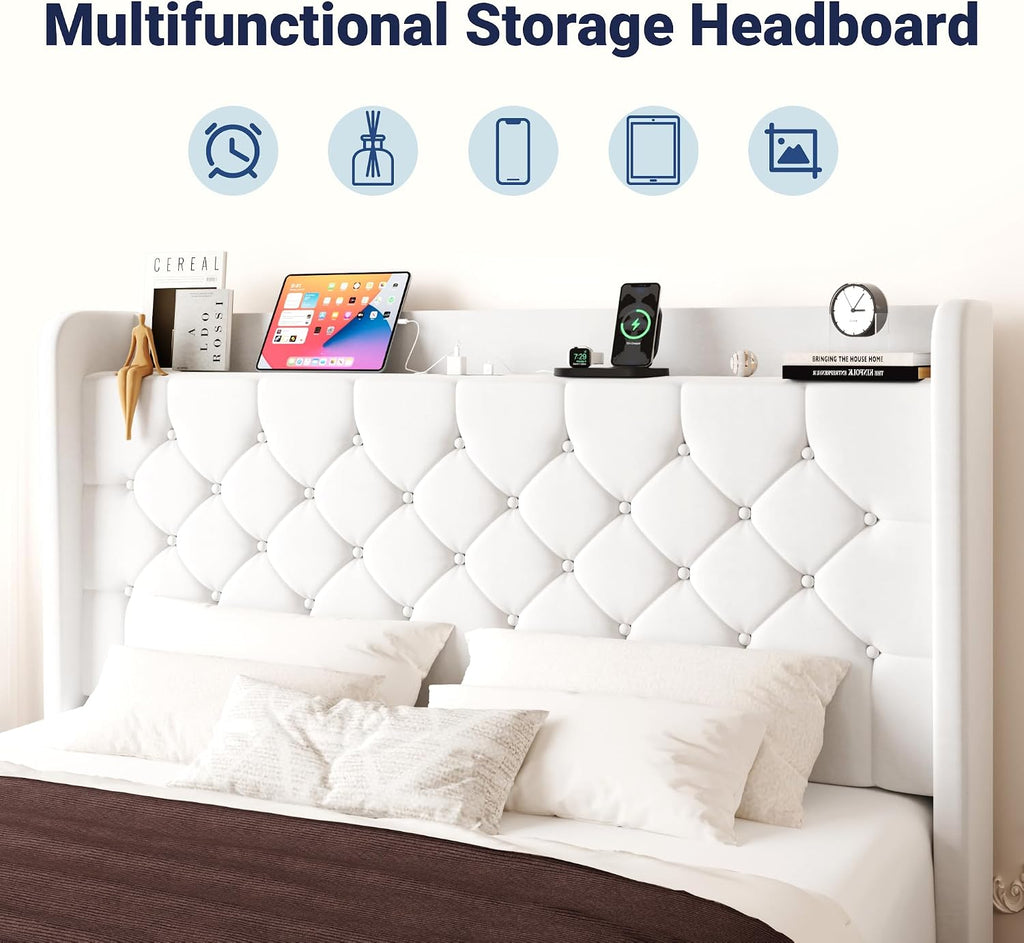 Allewie Full Size Bed Frame, Storage Headboard with Charging Station, Wingback Velvet Upholstered, Diamond Stitched Button Tufted, Sturdy Wooden Slats, No Box Spring Needed, Easy Assembly, White
