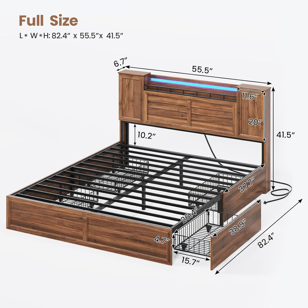 VIAGDO Farmhouse Full Size Bed Frame with Headboard and Double Barn Door Storage Cabinets, Rustic Wooden Bed Frame Full with Charging Station, 4 Drawers and LED Lights, No Box Spring Needed, Brown