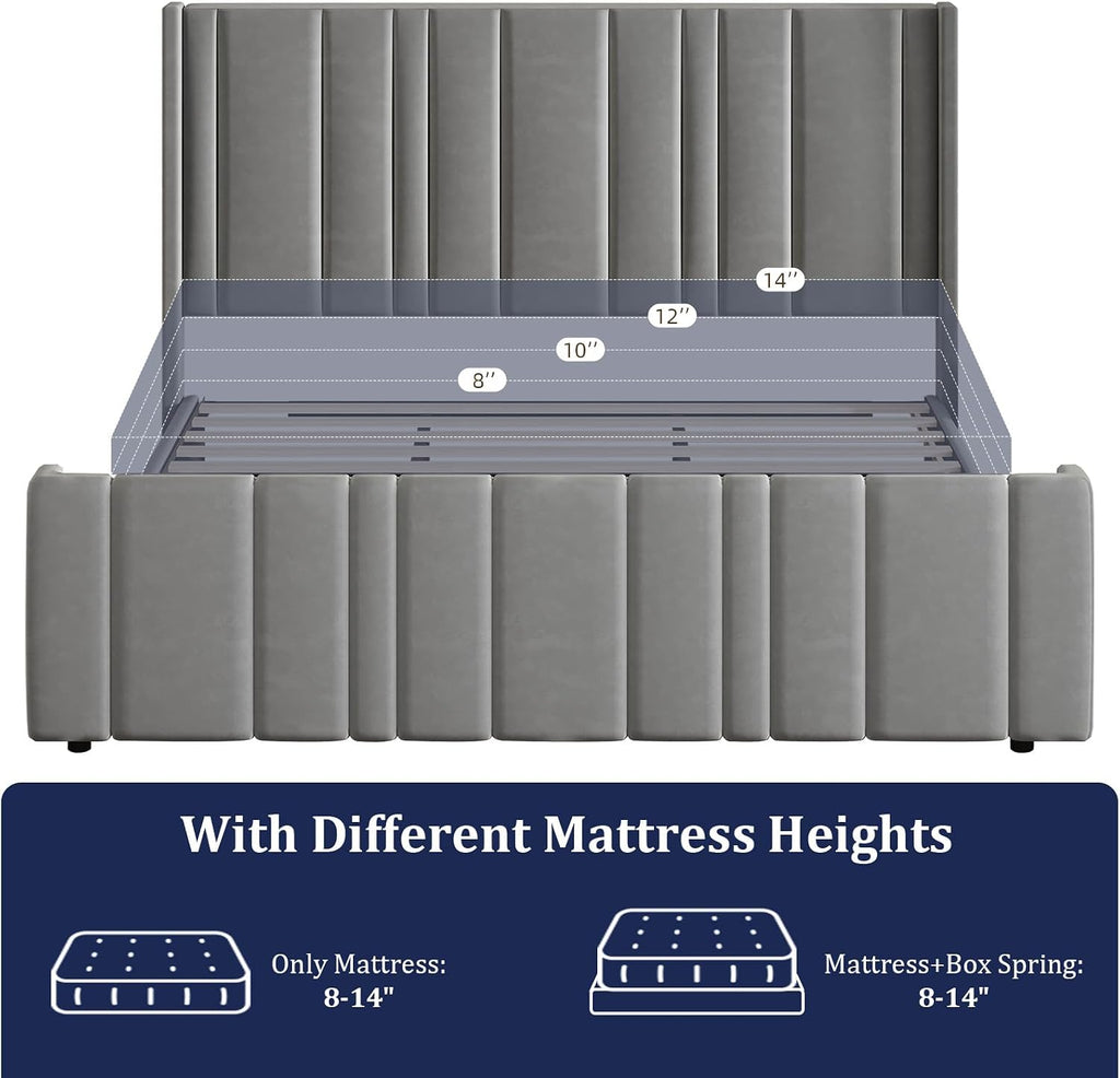 HOMBCK Full Size Bed Frame, Velvet Upholstered Platform Bed Frame Full with Vertical Channel Tufted Headboard & Footboard, Wooden Slats/Noise Free/No Box Spring Needed/Easy Assembly, Grey