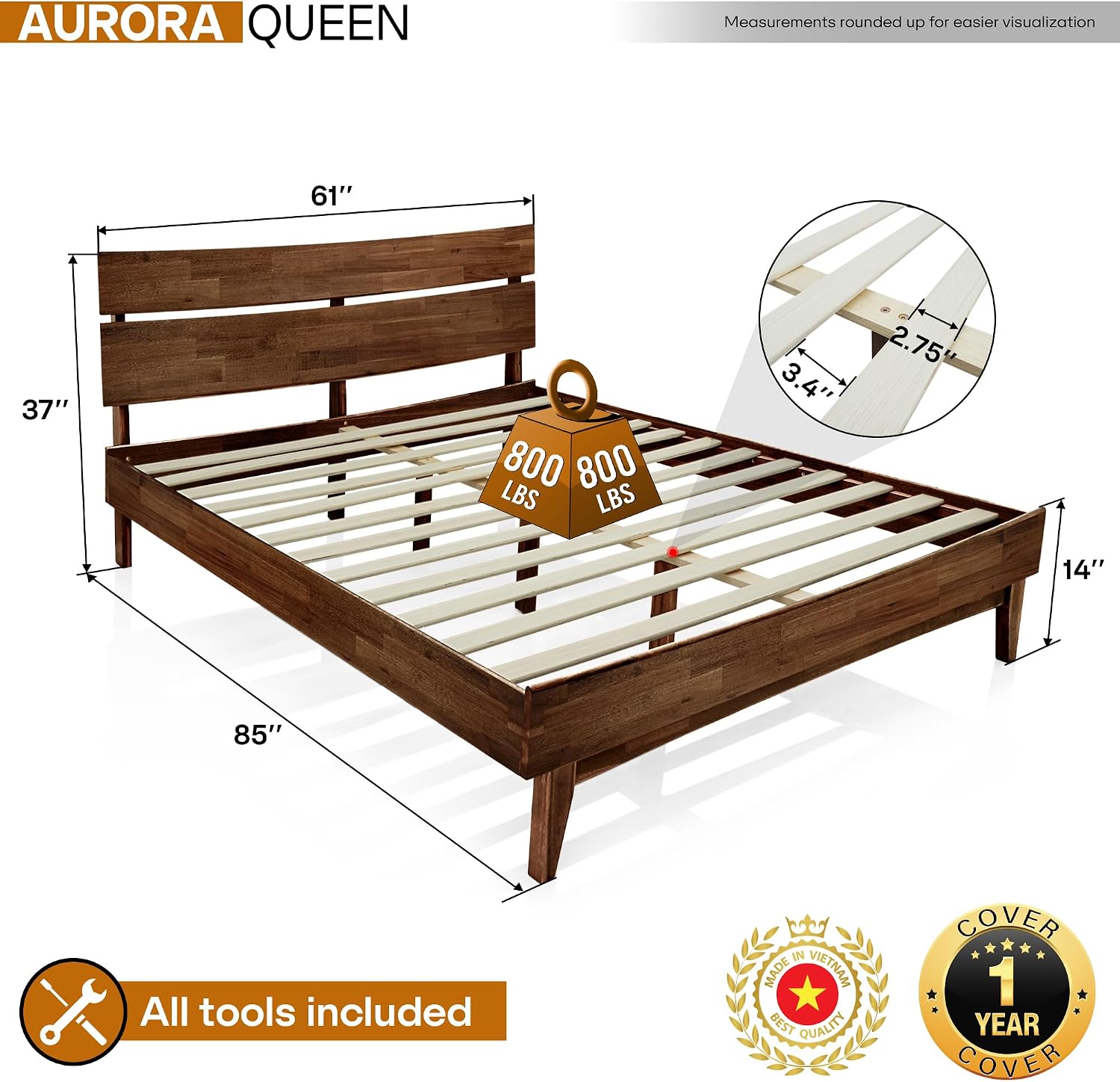 Acacia Aurora Wooden Bed with Headboard, Queen Size Bed Frame, 800lbs Capacity Wood Bed Compatible with All Mattress Types, Non-Slip & Noise-Free, Wood Slats Support, Easy Assembly, Chocolate.