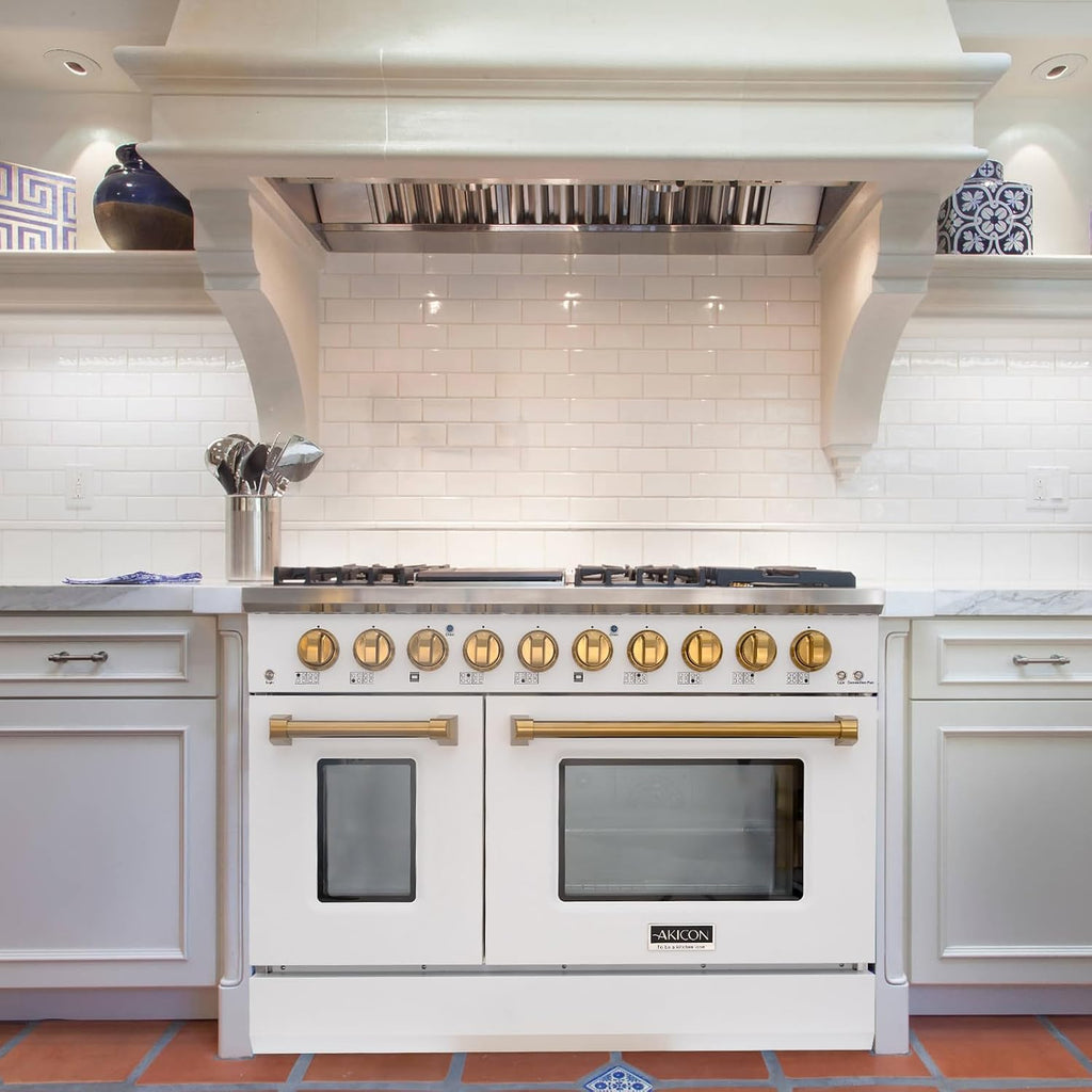 Akicon 48 Inch Freestanding Double Rapid Convection Gas Range - 6.7 cu. ft. Oven - 8 Sealed Burners & Griddle, Heavy Duty Cast Iron Grates (White & Gold)