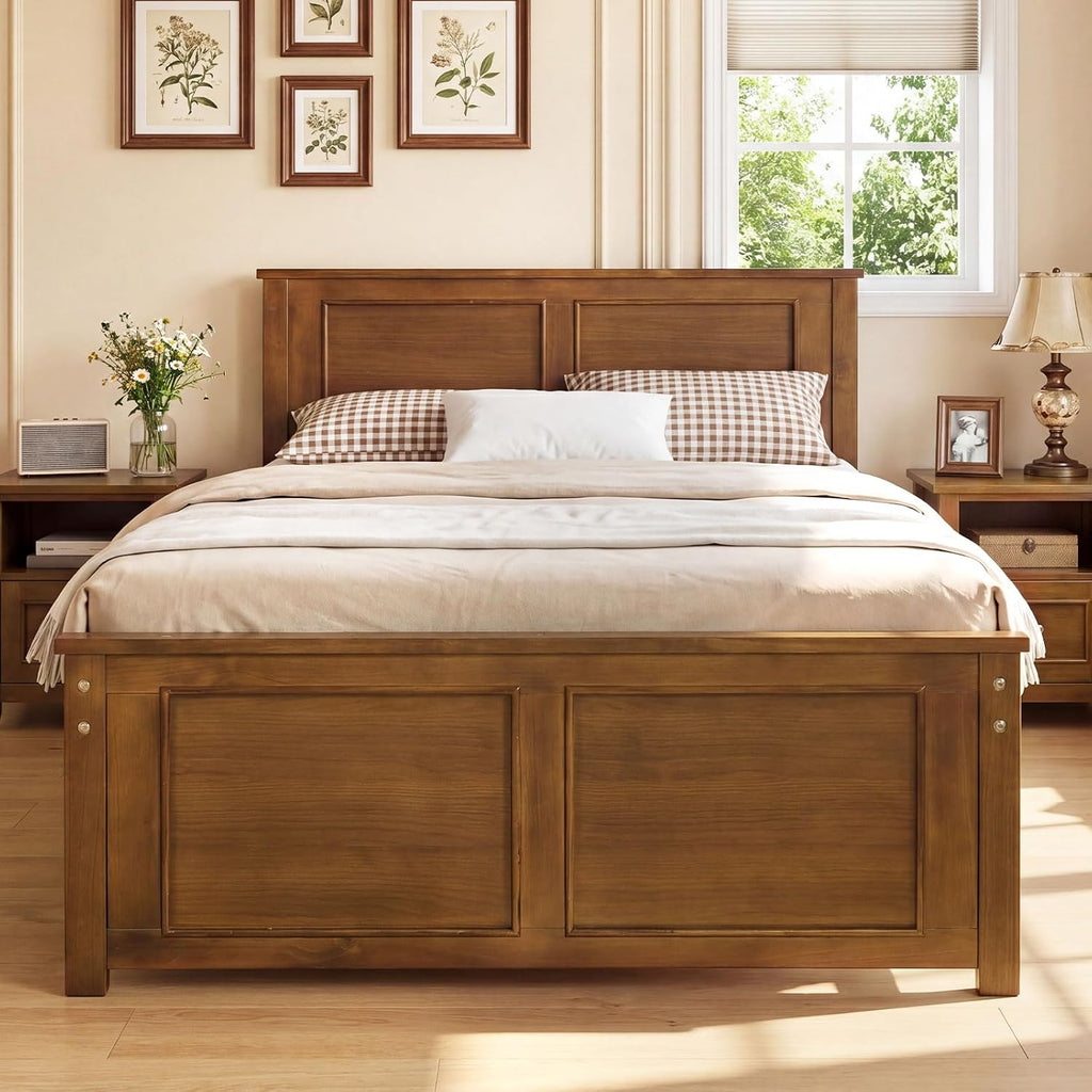 Giantex Wood Twin Bed Frames with Headboard, Farmhouse Solid Platform Bed w/Wooden Slat Support Mattress Foundation, Under-Bed Storage, No Box Spring Needed, Walnut