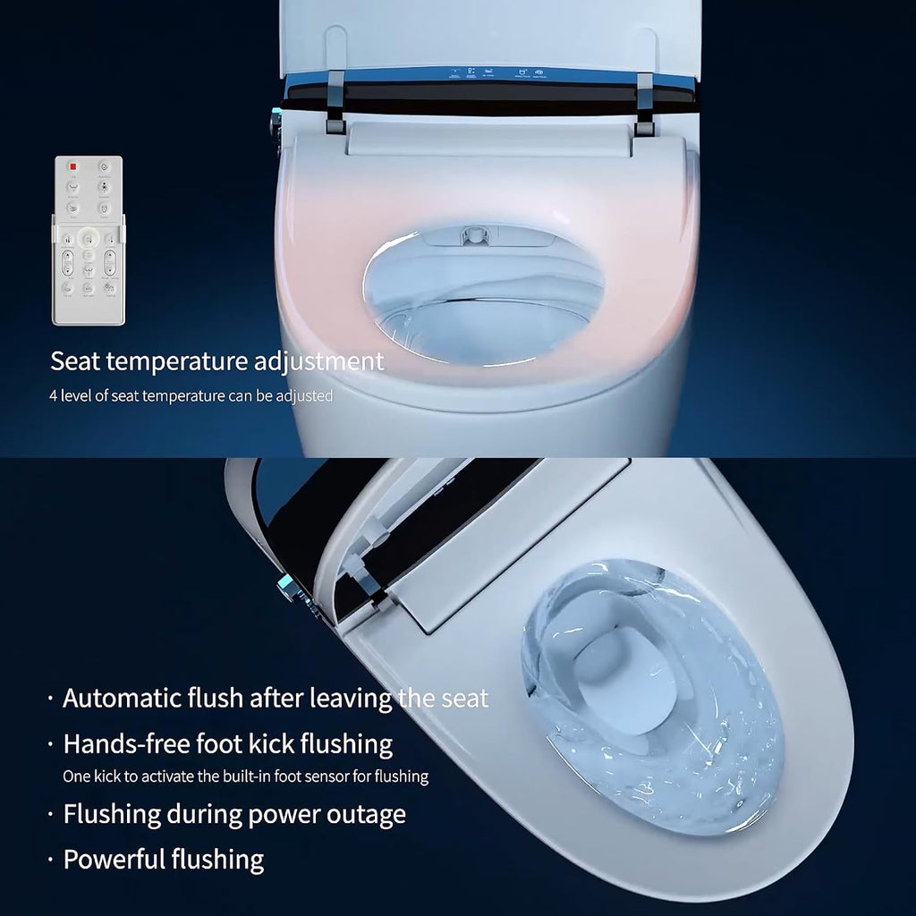 EUROTO Luxury Dual Flush Smart Toilet Bidet - Auto Open/Close Lid, Instant Heated Seat and Warm Water, Adjustable Water Pressure and Foot-Kick Sensor with 3-User Memory Setting
