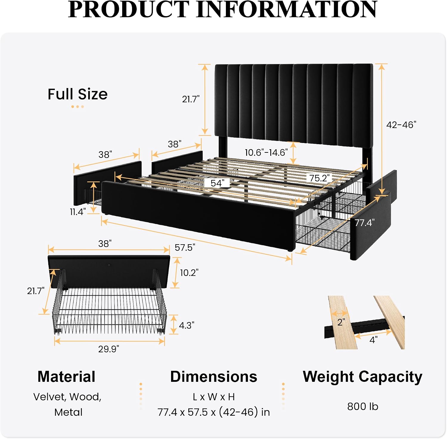 SHA CERLIN Full Size Platform Bed Frame with 4 Storage Drawers, Vertical Channel Tufted Adjustable Headboard, Velvet Upholstered, Wooden Slats Support, No Box Spring Needed, Easy Assembly, Black