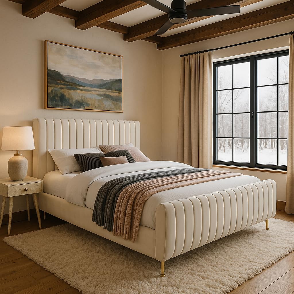 Meridian Furniture Zara Collection Modern | Contemporary Velvet Upholstered Bed with Deep Channel Tufting and Custom Gold Legs, Full, Cream