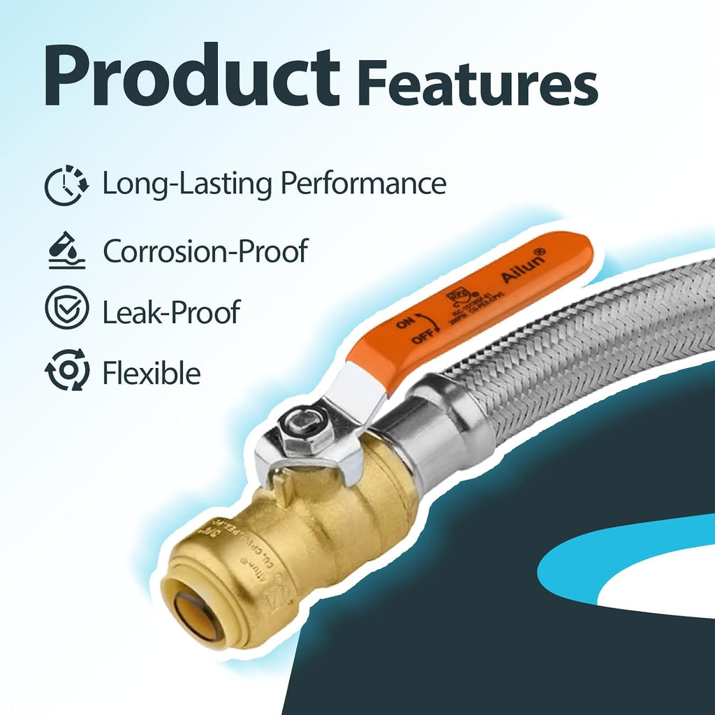 (5 Pack) Seelink 12-Inch Stainless Steel Flexible Heater Hose, 1/2 Inch Push-fit Ball Valve x 3/4 Inch FIP, Push-to-Connect for Copper, PEX, and CPVC