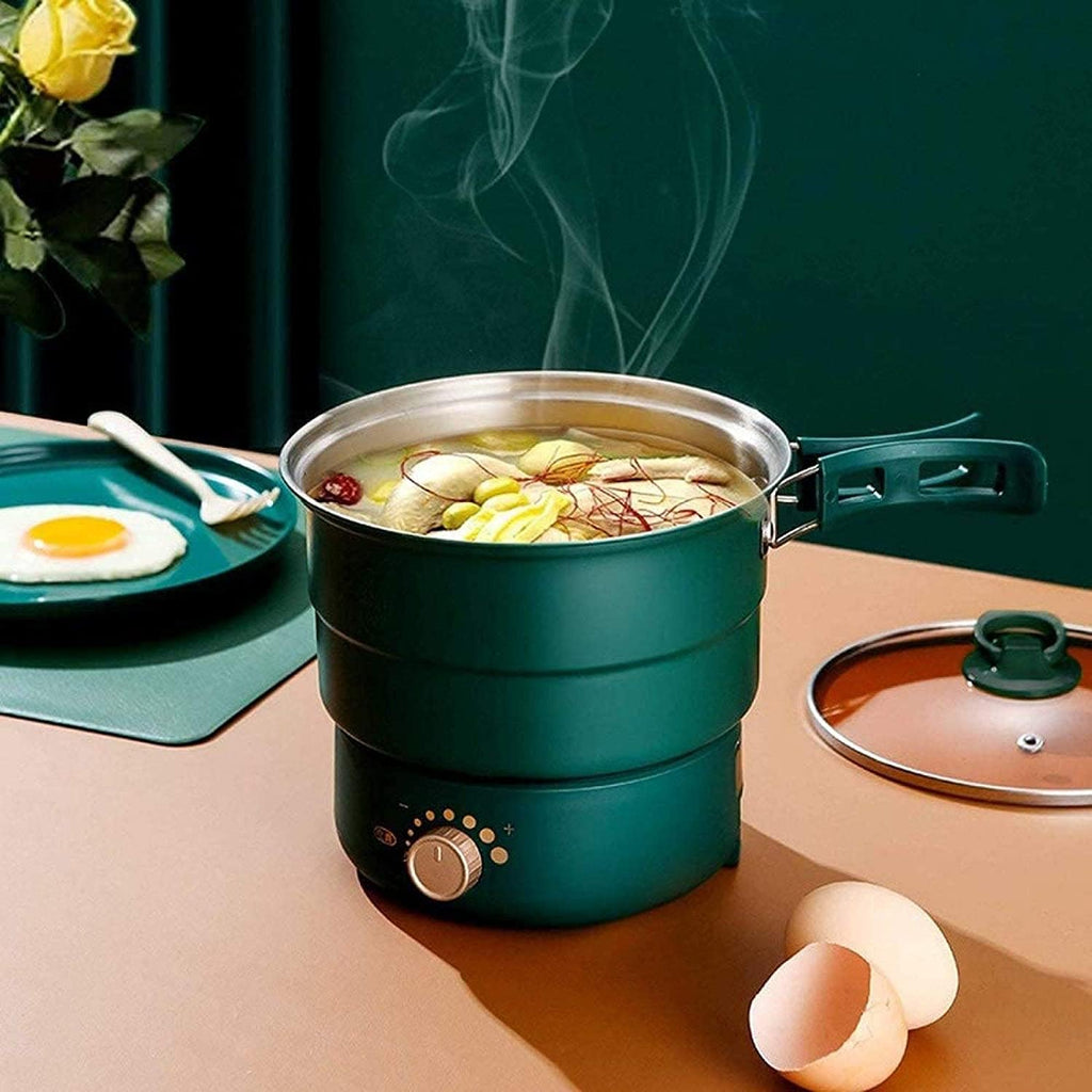 BBQ Smokeless Grill Folding Mini Electric Cooking Pot Food Grade 304 Stainless Steel Electric Heating Pot Adjustable Temperature Non-stick and Easy to Clean,White (Color : Green)