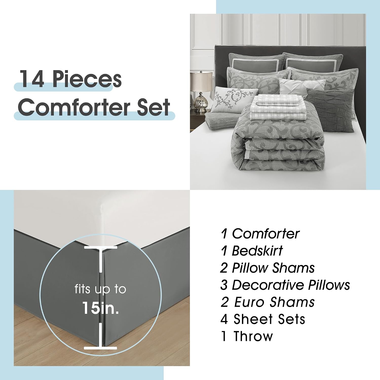 LANCO MODERN LIFESTYLE Grey King Size Comforter Set, Classic Jacquard Floral 14 Pieces Bedding Set, Ultra Soft for All Seasons, Sheets, Bedskirt, Throw, Matching Shams and Decor Pillows