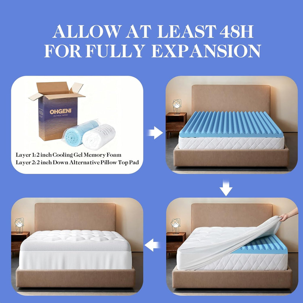 OhGeni Cooling 5 lnch Queen Size Dual Layer Mattress Topper, 3 Inch Egg Crate Gel Memory Foam, 2 Inch Pillow Top Pad, Bedroom Essentials Mattresses Cover, Extra Comfortable Sleep and Back Pain Relief