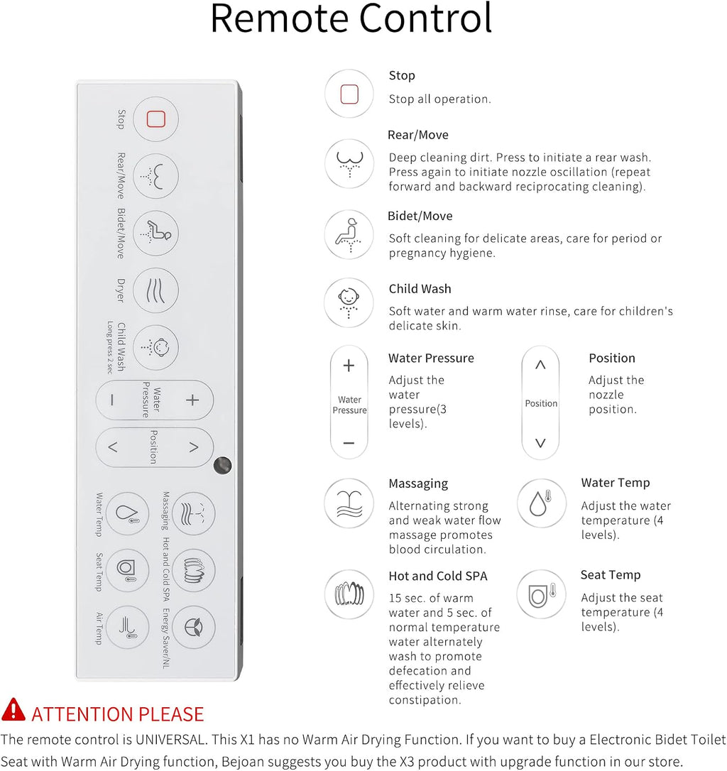 X1 Electric Bidet Seat for Elongated Toilets with Remote Control- Electronic Heated Toilet Seat with Endless Warm Water and Multifunctional Wash Functions，White，Easy Installation