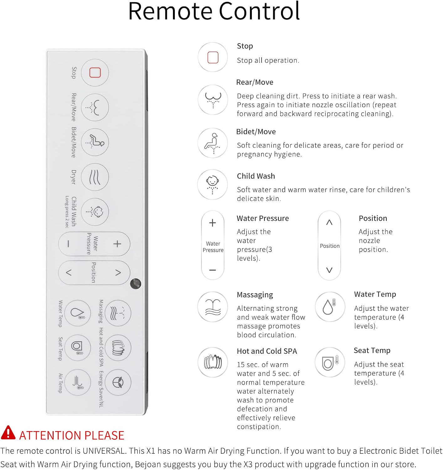 X1 Electric Bidet Seat for Elongated Toilets with Remote Control- Electronic Heated Toilet Seat with Endless Warm Water and Multifunctional Wash Functions，White，Easy Installation