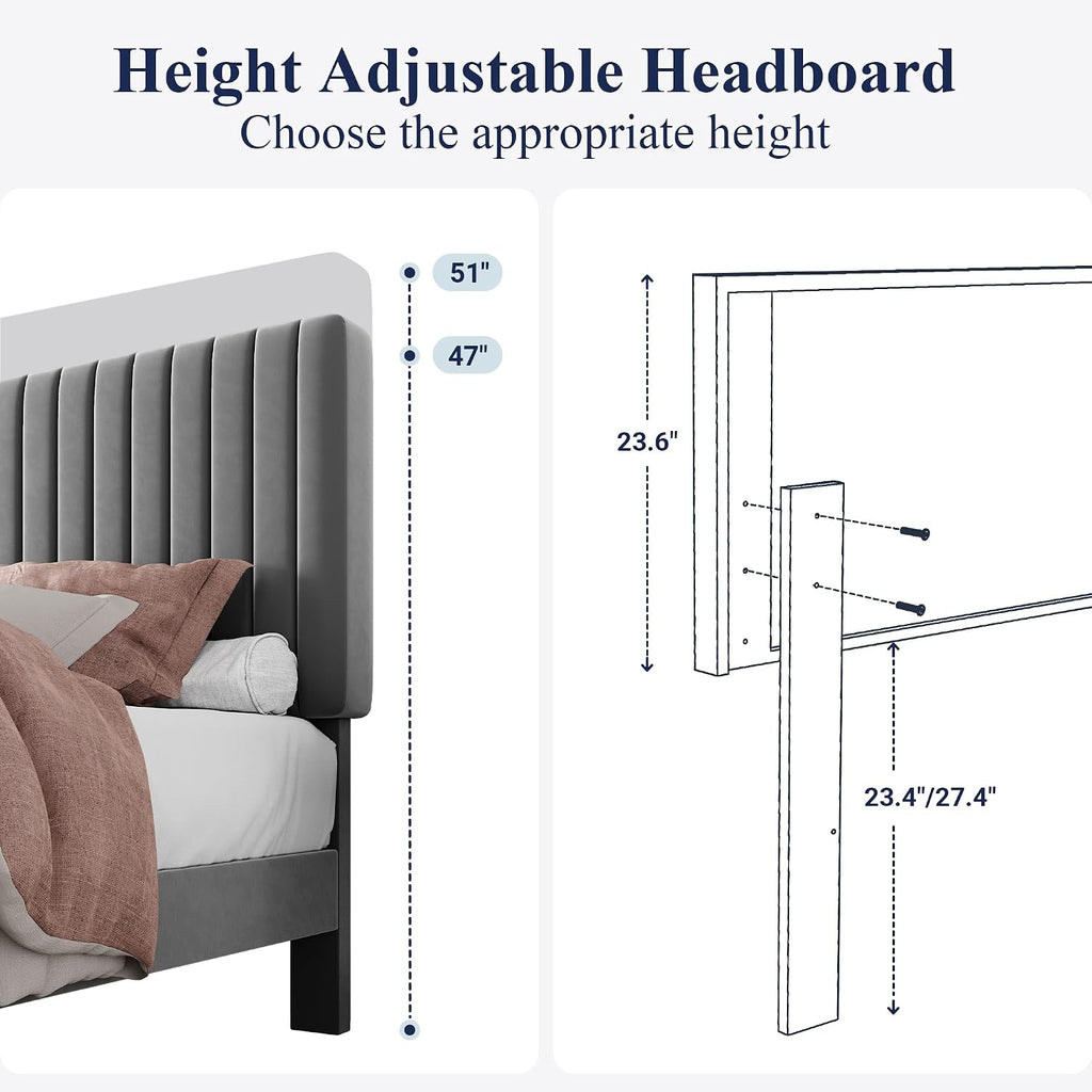 Allewie Full Bed Frame, Velvet Upholstered Platform Bed with Adjustable Vertical Channel Tufted Headboard, Mattress Foundation with Strong Wooden Slats, Box Spring Optional, Easy Assembly, Grey