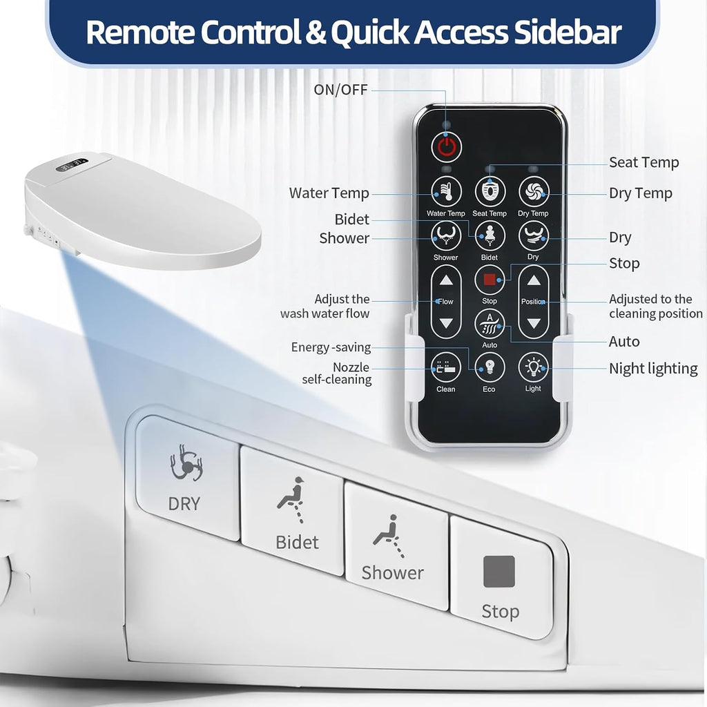 Electric Bidet Toilet Seat, Heated Toilet Seat Elongated with Instant Warm Water & Dryer, Feminine & Front Rear Wash, Wireless Remote, Self-Clean Nozzle, Slow Close Lid, Upgraded Silent ECO