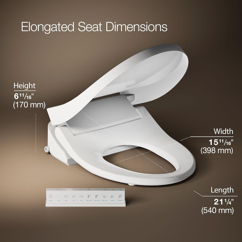 Kohler PureWash E815 Elongated Bidet Toilet Seat, Warm Water, White with Remote Control, Self Cleaning Wand, Adjustable Spray Controls, Heated Seat, Easy Installation Bidet Attachment