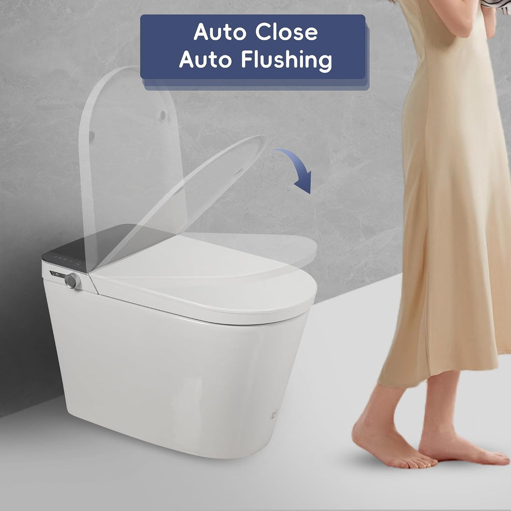Tankless Smart Toilet with Bidet, Auto Lid, Foot Sensor, Heated Seat, Warm Water Wash & Dryer, Memory Function, Remote Control, LED Display, One-Piece White Ceramic Toilet