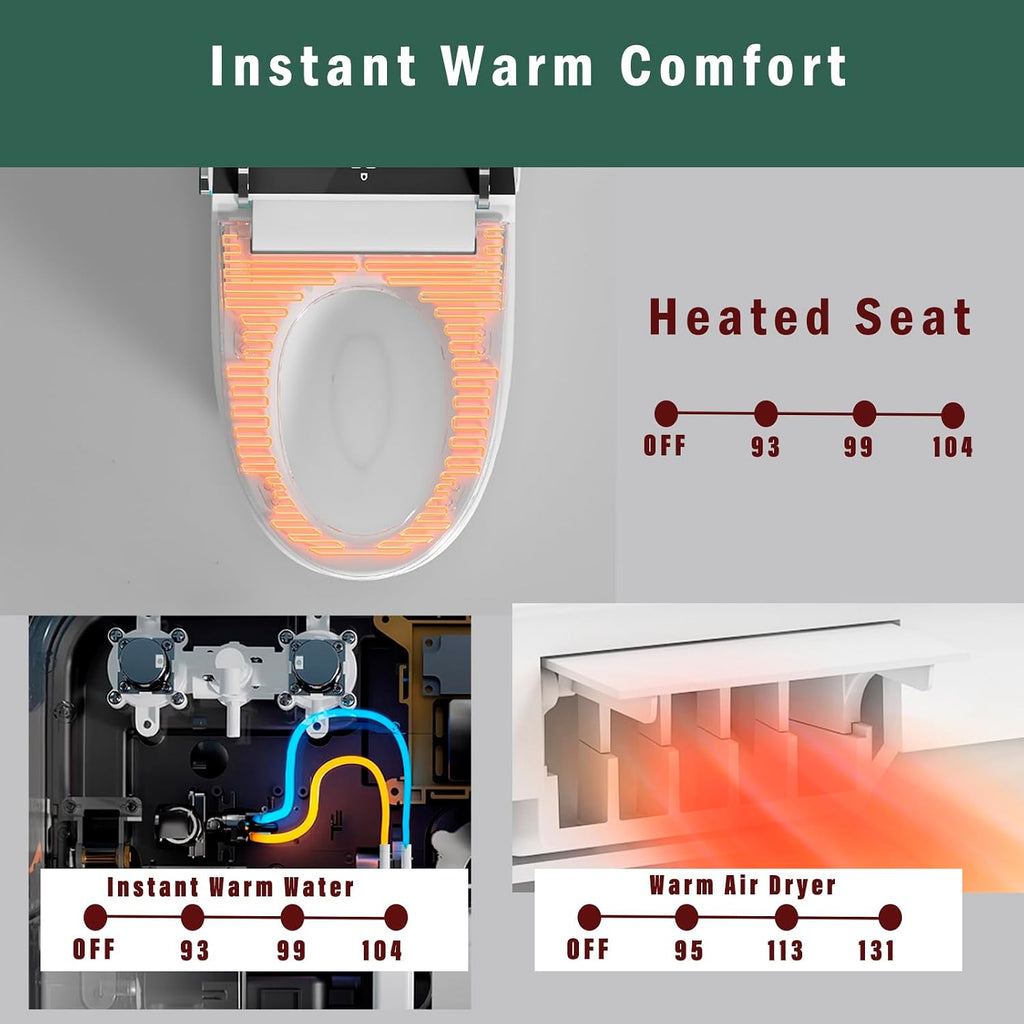 WinZo Tankless Smart Toilet With Heated Bidet Seat,Hands-Free Function, Powerful Flush 1.28 GPF, Auto Open/Close/Flush,LED Screen,White