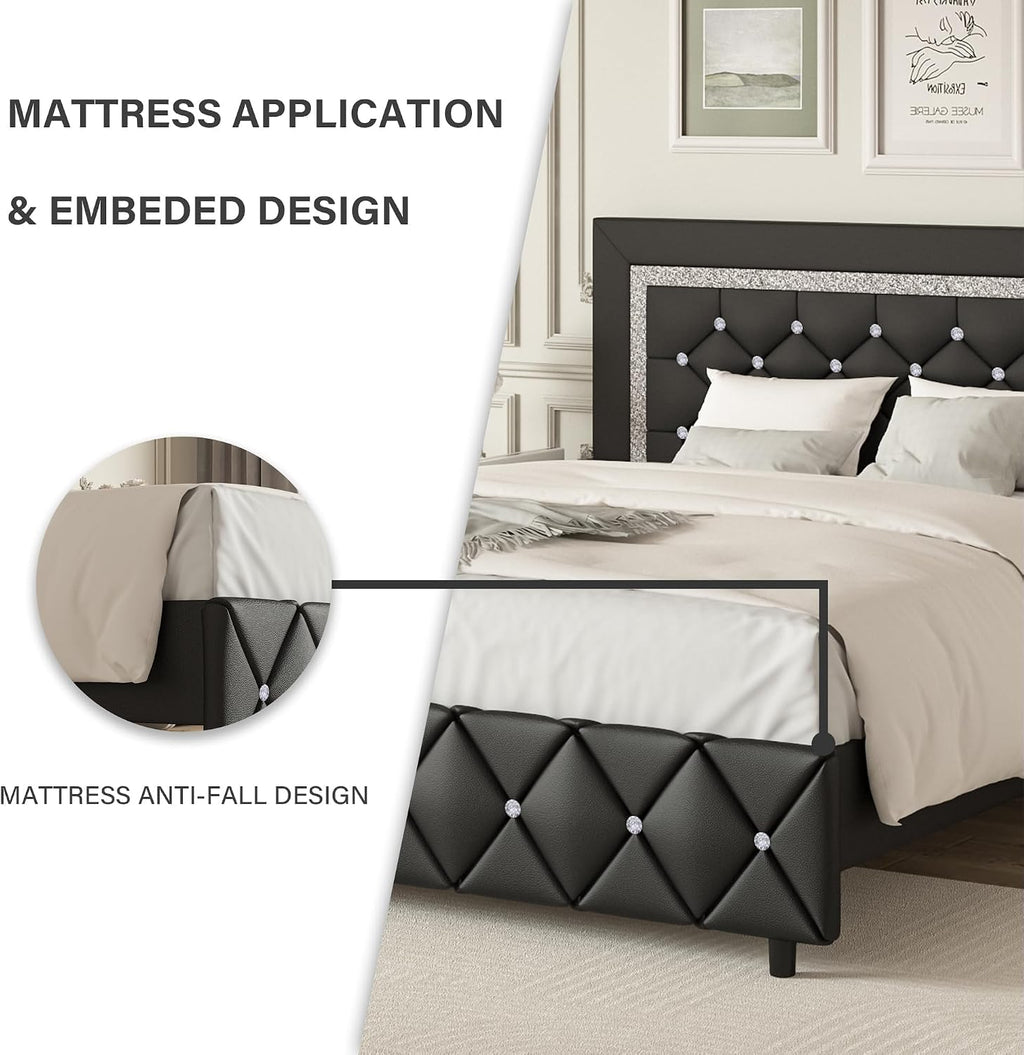 BarnFurin Queen Bed Frame with Headboard, Faux Leather Upholstered Bed with Button Tufted Headboard, Modern Platform Bed Frame with Diamond Design, No Box Spring Required, Easy Assembly, Black