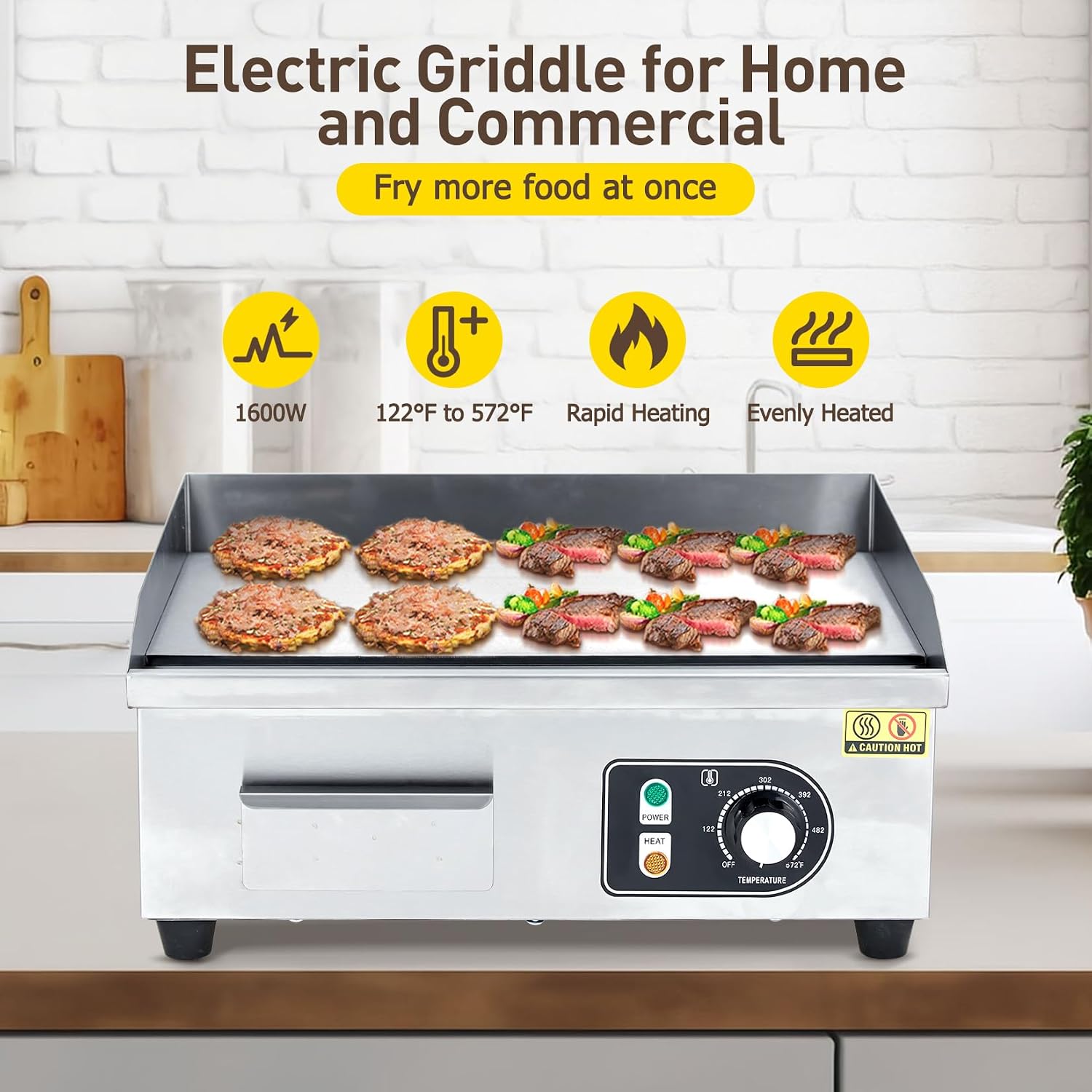 18' Commercial Electric Griddle 1600w Electric Countertop Griddle Non-Stick Restaurant, Stainless Steel Teppanyaki Flat Top Grill Adjustable Temperature Control 122°f-572°f