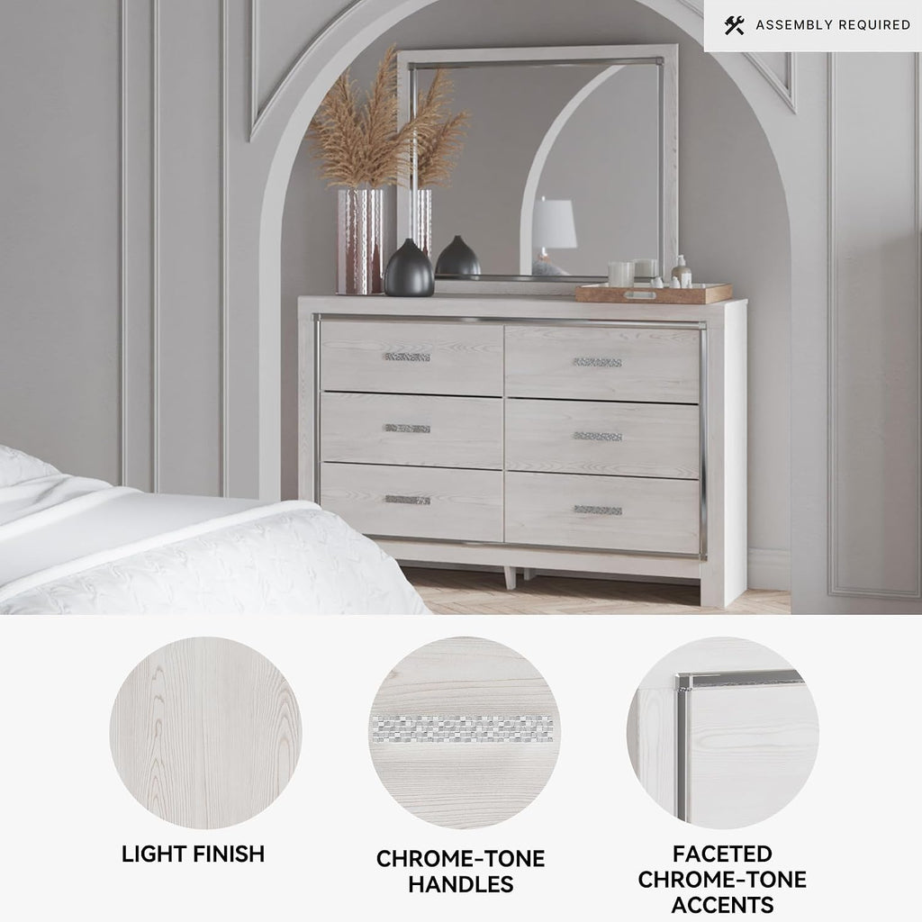 Signature Design by Ashley Altyra Modern Smooth-Gliding 6-Drawer Dresser and Mirror with Safety Stop, White