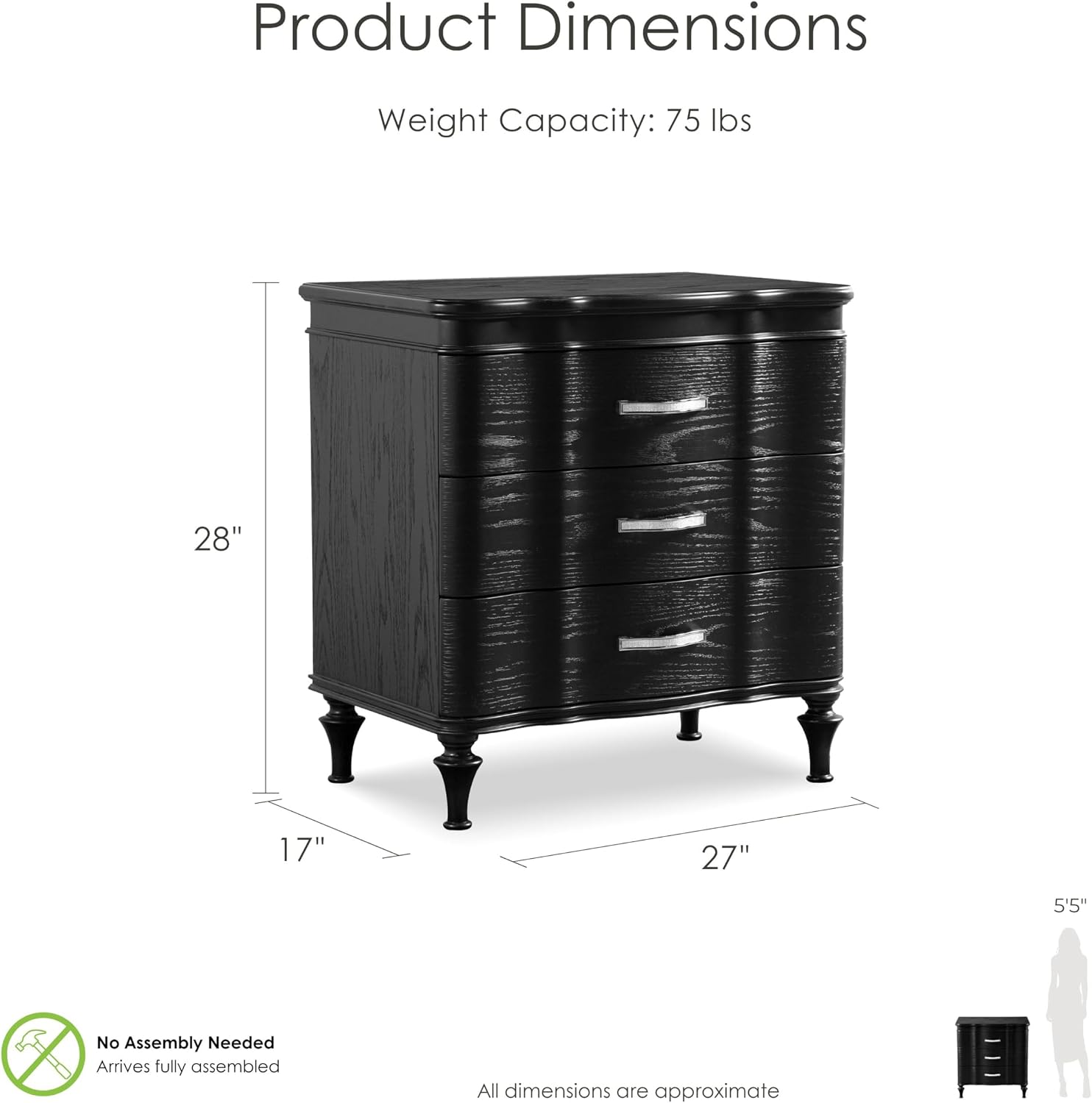 Furniture of America Seabliss Glam Solid Wood 2-Piece Bedroom Set with Padded Headboard Bed, Felt-Lined Top Drawer, Ball-Bearing Glides on Nightstand, Box Spring Needed, Queen, Black