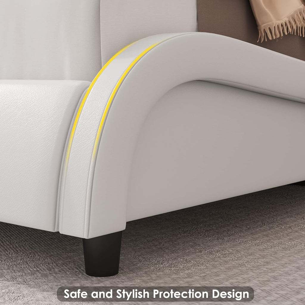 Keyluv Queen Size LED Bed Frame with Adjustable Headboard & Removable Pillow, PU Leather Upholstered Platform Bed, Wave-Like Curve Safety Design, Solid Wooden Slats Support, Easy Assembly, White