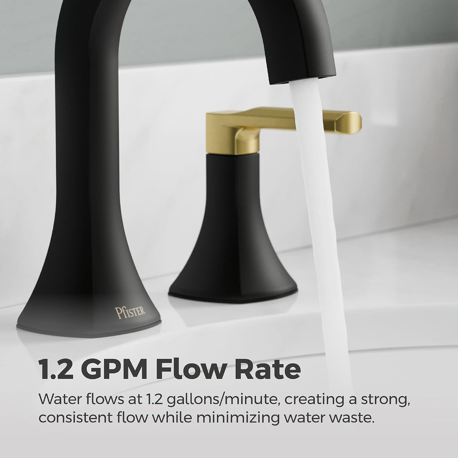 Pfister Vaneri Bathroom Sink Faucet 8 in Widespread 2-Handle 3-Hole NSF Certified Water-Efficient Matte Black and Brushed Gold Finish Push & Seal Drain LF049VRIBBG