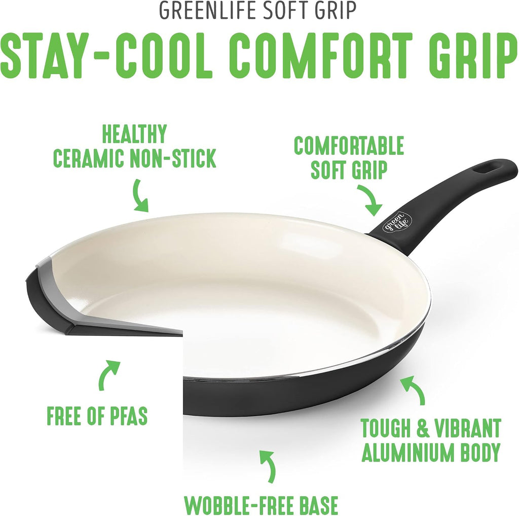 GreenLife Soft Grip Healthy Ceramic Nonstick 23 Piece Kitchen Cookware Pots and Frying Sauce Saute Pans Set with Kitchen Utensils, PFAS-Free, Dishwasher Safe, Black