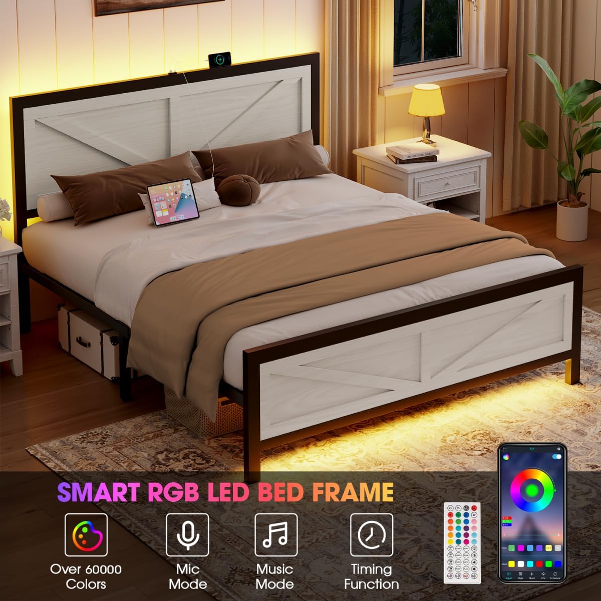 Rustic Bed Frame King Size with Barn Door Headboard, LED Bed Frame with Charging Station, Industrial Platform Metal Bed Frames, No Box Spring Needed, Easy Assembly, White