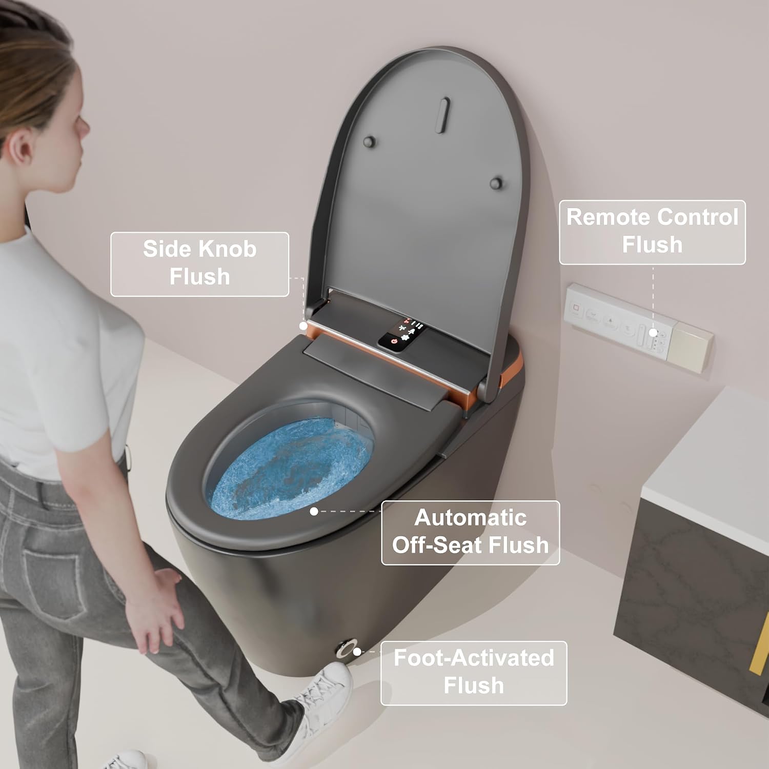Smart Toilet - Auto Open/Close, One Piece Elongated Design, LED Display Comfort Height Toilet, Foot Sensor Flush, Auto Flush System, Heated Seat, Night Light for Modern Bathroom