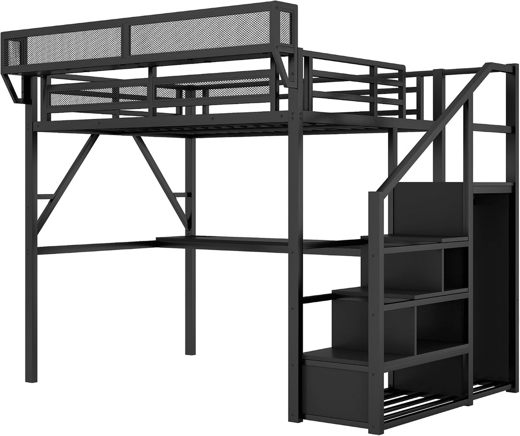 Mirightone Full Size Loft Bed with Desk and Light, Metal Loft Bed Frame with Stairs and Bedside Shelf, Tall Lofts Beds with Storage Shelves and Wardrobe for Kids Teens, Black