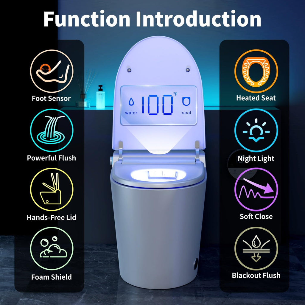 VIPBEAR Tankless One-Piece Smart Toilet with Heated Seat & Auto Lid | 1000g MaP, High Efficiency Dual Flush | Foam Shield, Foot Sensor, Night Light, Blackout Flush