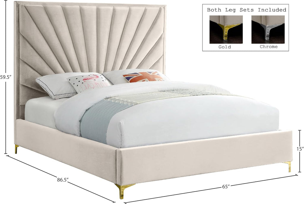 Meridian Furniture Eclipse Collection Modern | Contemporary Velvet Upholstered Bed with Channel Tufted Design and Complete Sets of Gold and Chrome Legs Included, Queen, Cream