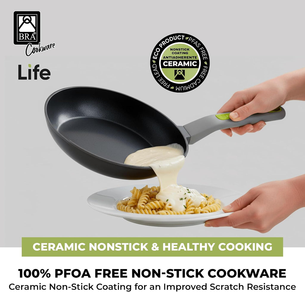 BRA COOKWARE Life 3 Ceramic Nonstick Frying Pan Set | 8+9.5+11 Inch Recycled Cast Aluminum Skillets | Ceramic Non-Stick Fry Pans | PFOA Free Searing Skillets | All Cooktops | Soft-Touch Handle