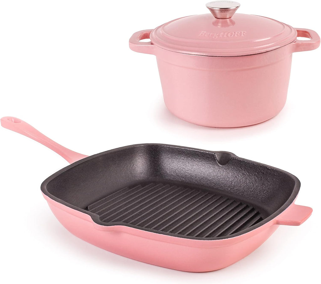 BergHOFF 3Pc Neo Enameled Cast Iron Cookware Set, 3qt. Dutch Oven, Matching Lid, Square Grill Pan 11 Inches, Oven Safe Up To 400°F, Pink