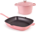 BergHOFF 3Pc Neo Enameled Cast Iron Cookware Set, 3qt. Dutch Oven, Matching Lid, Square Grill Pan 11 Inches, Oven Safe Up To 400°F, Pink