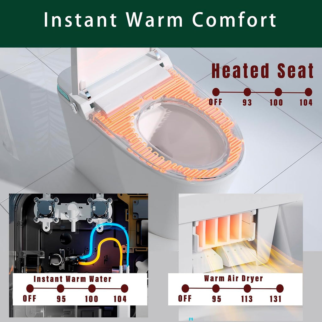 Luxury Intelligent Smart Toilet with Instant Warm Water Sprayer and Dryer, Auto Flush,Foot Sensor Operation, Adjusted Temp Heated Bidet Seat, LED Display White