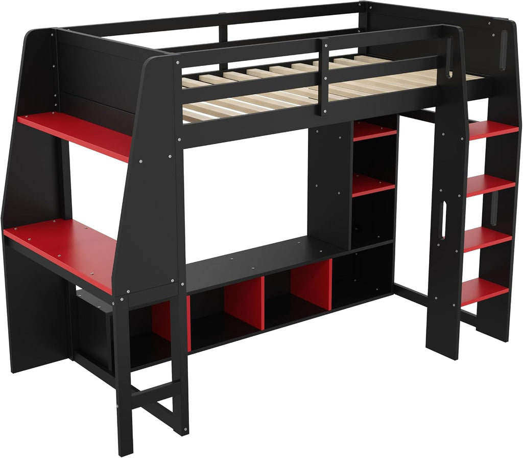 Harper & Bright Designs Twin Size Loft Bed with Gaming Desk,Storage Shelves,LED Light and Hanging Rack,Solid Wood Loft Bed Frame with Under-Bed Space,Esports Design for PC & Console Gamers,Black