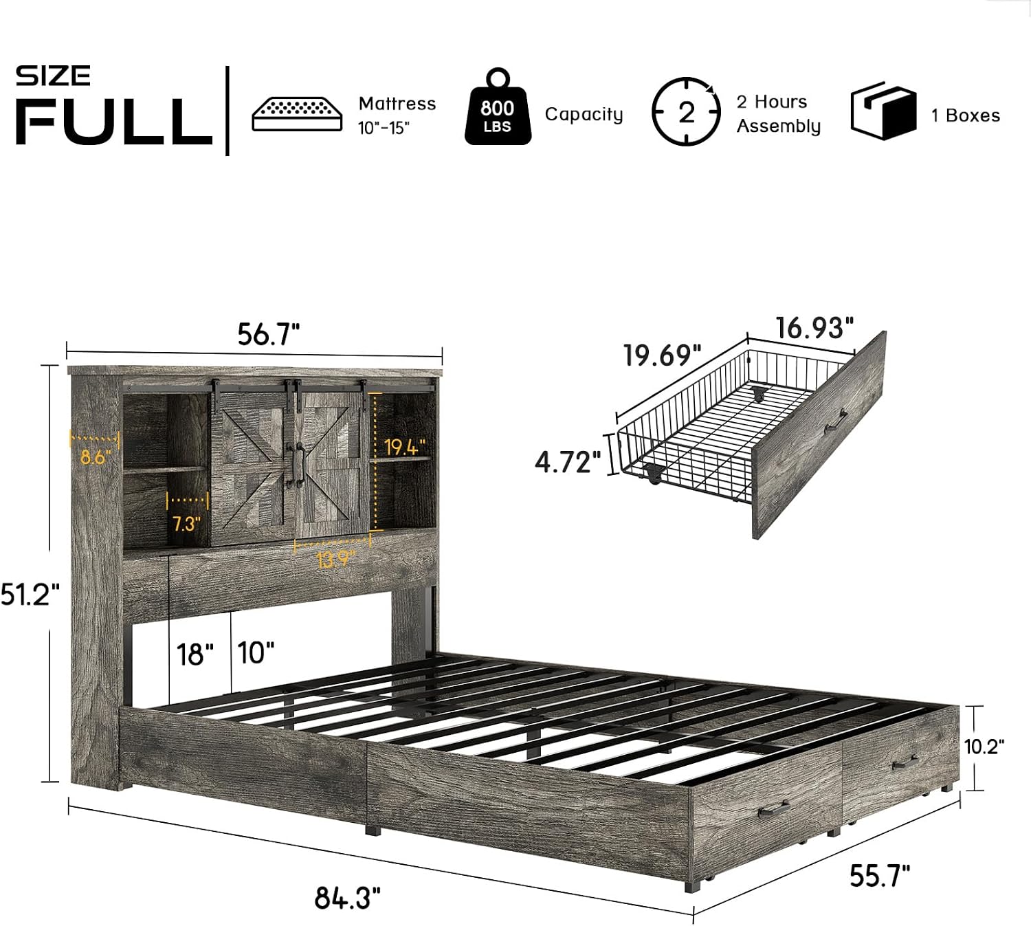 HOWE Farmhouse Full Size Bed Frame with 51.2' Bookcase Headboard, Wooden Platform Bed with 2 Drawers, Sliding Barn Door Dec, Storage Bed with Charging Station, No Box Spring Needed, Rustic Grey