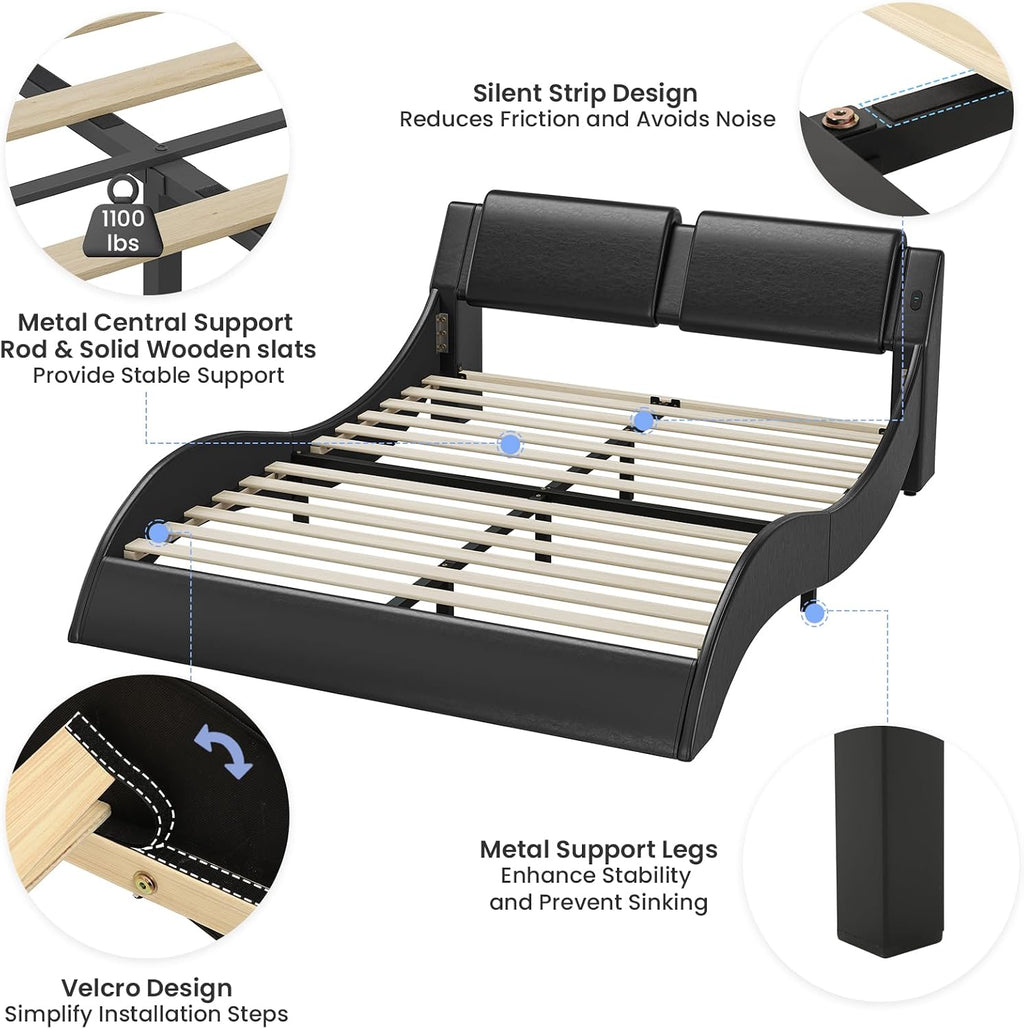 DICTAC Queen Bed Frame with Led Lights and Charging Ports Modern Upholstered Queen Size Platform Bed with Headboard Faux Leather Wave Like Curve Low Profile Platform Bed Frame,Wood Slats Support,Black