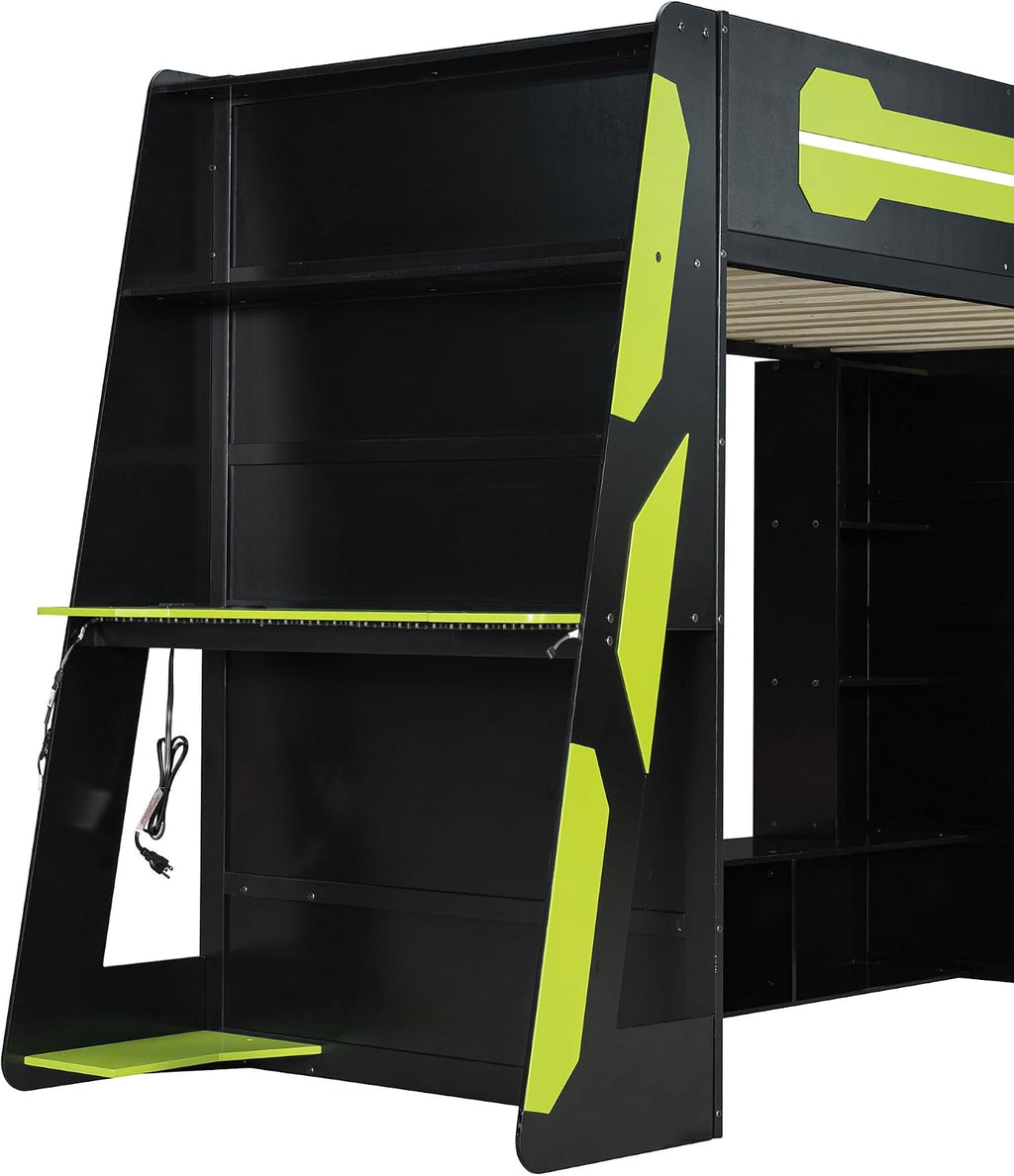 Bellemave Gaming Loft Bed with Desk and Lights, Twin Loft Bed with Storage Shelves and Work Station, Wood Loft Bed Frame for Kids, Boys, Girls, Teens, No Spring Box Needed & Dedicated Style, Green