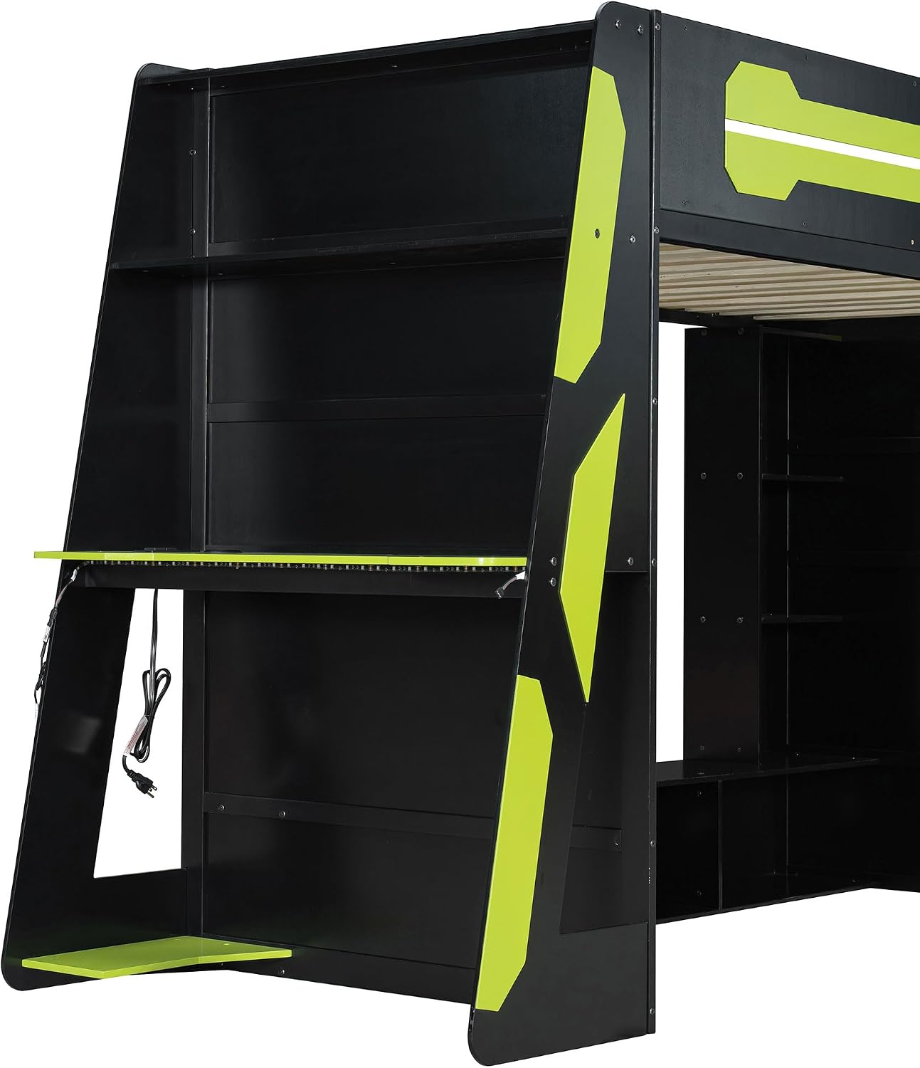 Bellemave Gaming Loft Bed with Desk and Lights, Twin Loft Bed with Storage Shelves and Work Station, Wood Loft Bed Frame for Kids, Boys, Girls, Teens, No Spring Box Needed & Dedicated Style, Green